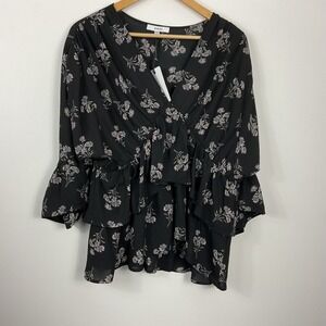 RO & DE Black Floral Ruffle Tiered V Neck Long Sleeve Peasant Blouse Top L